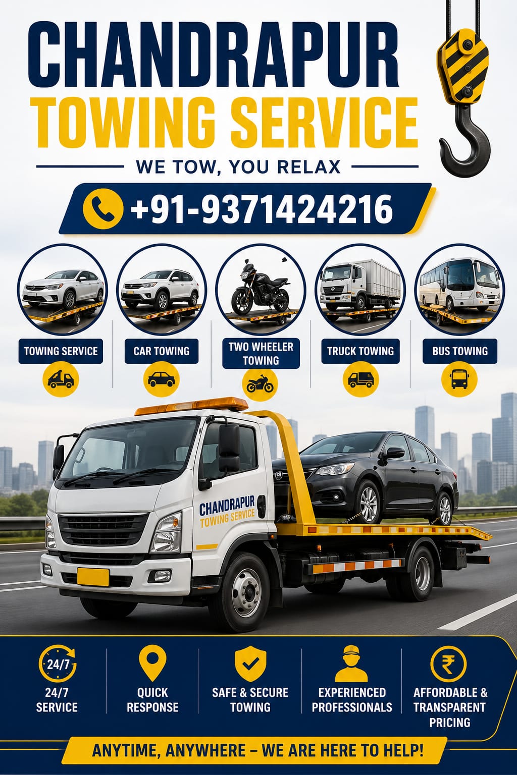 Chandrapur Towing Service flyer — car, bike, truck and bus towing