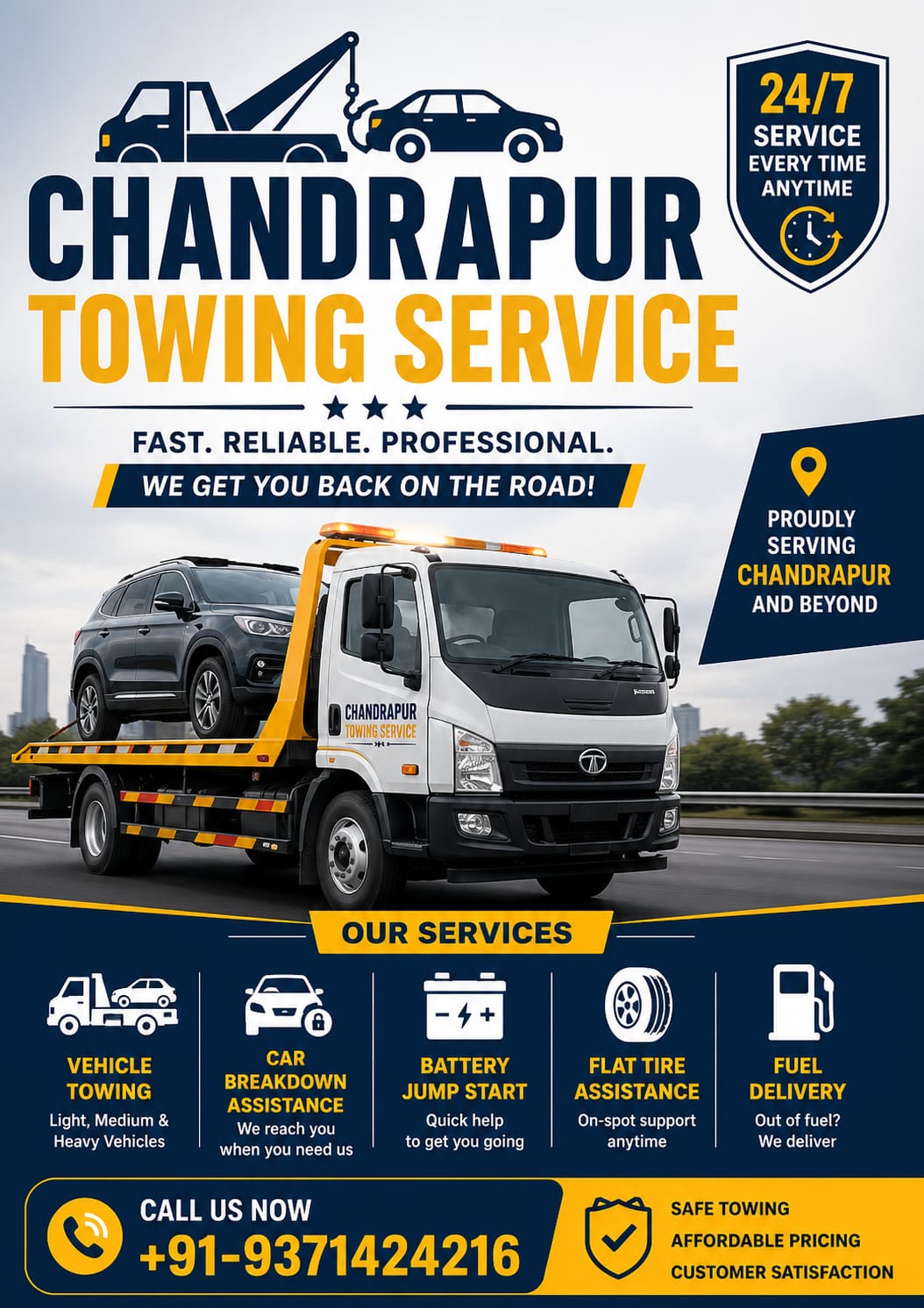 Chandrapur Towing Service 24/7 service flyer with flatbed tow truck